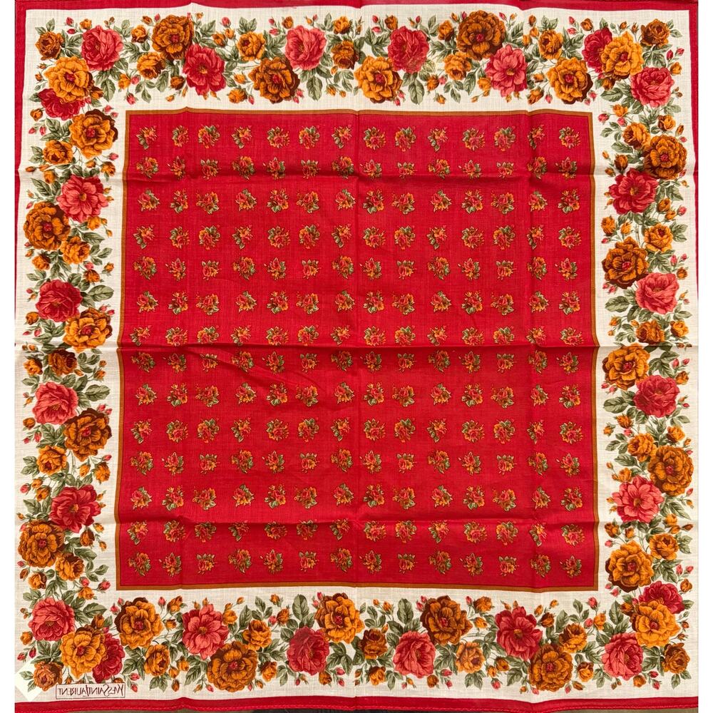 Vintage Yves Saint Laurent Floral Handkerchief Scarf Red Pink Rose Print